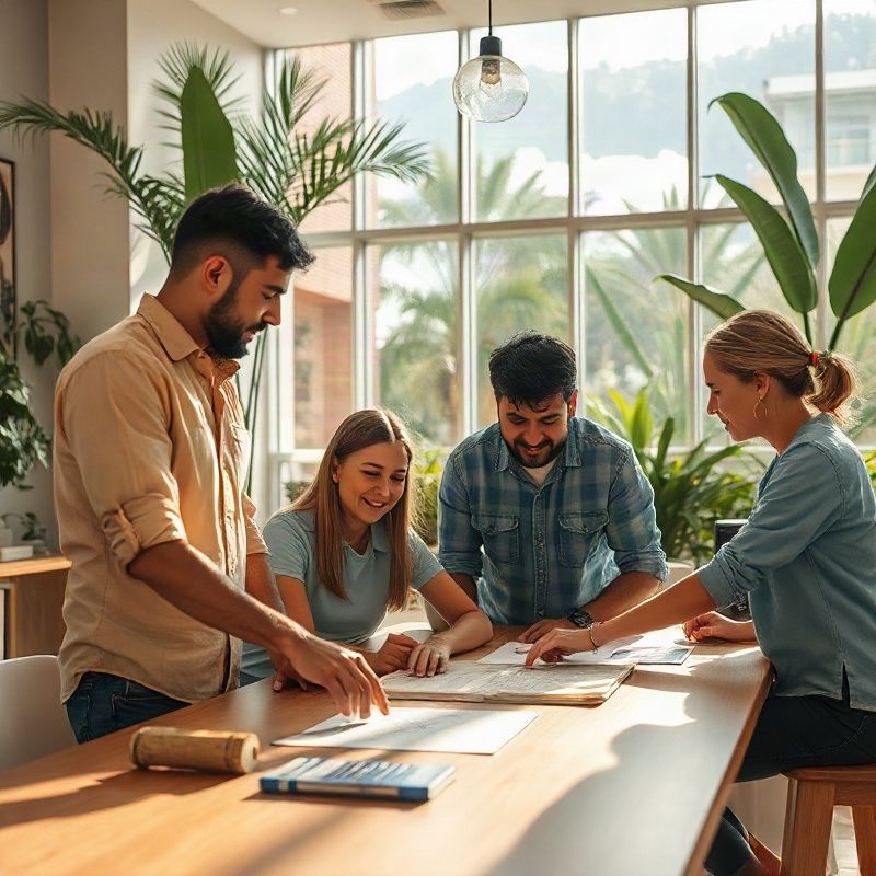 Equipe familiar discutindo um desenho e medidas junto à bancada